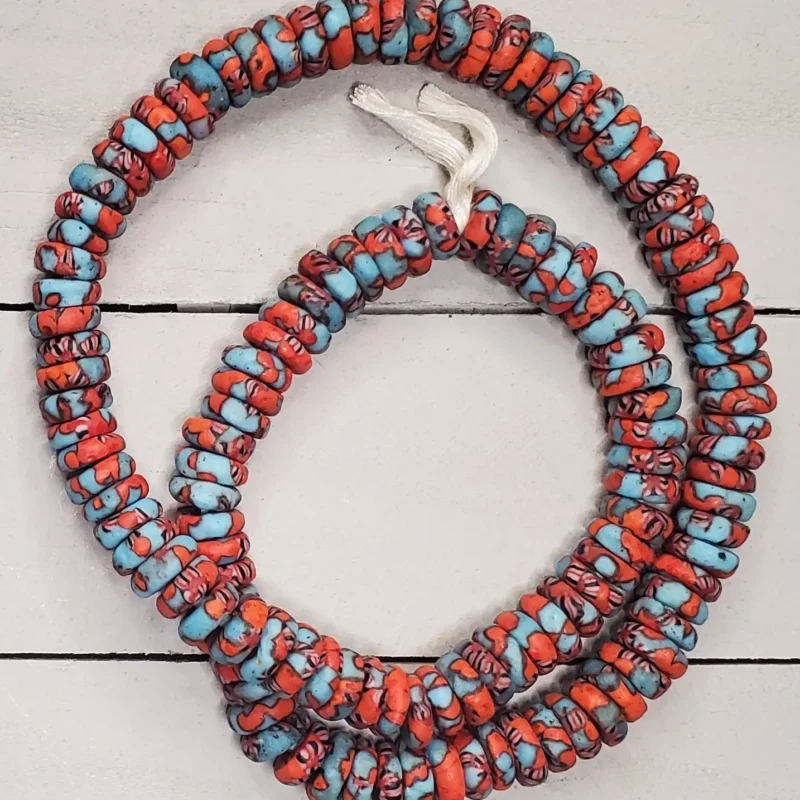 Medium recycled glass beads with floral pattern, hand-painted Krobo beads from Ghana