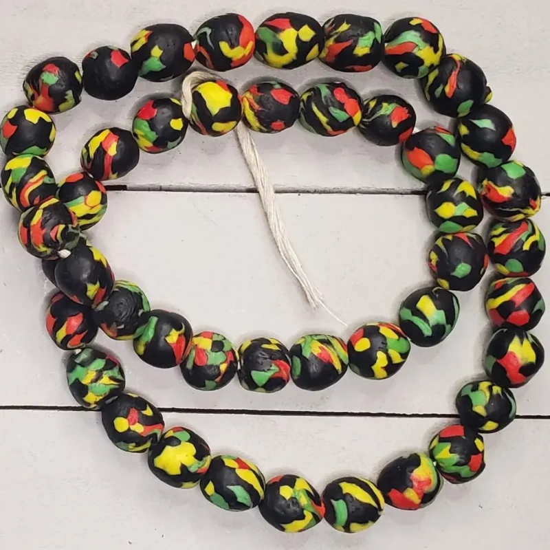 Recycled glass beads in Rasta colors of red gold and green, hand-crafted Krobo Ghana beads
