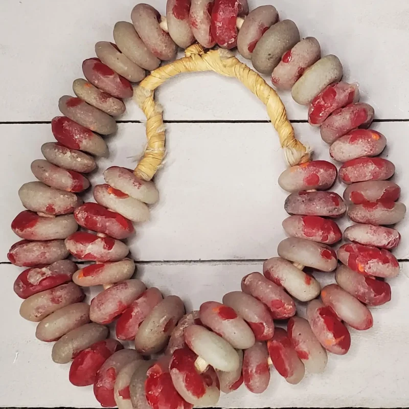 Recycled glass beads with spotted red pattern, hand-painted Krobo Ghana beads