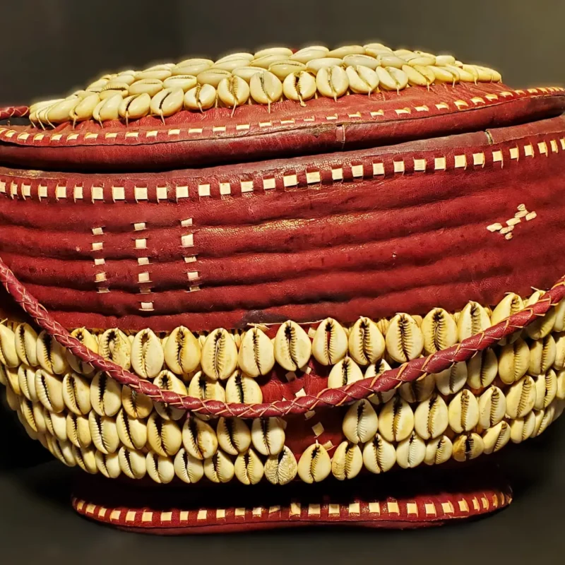 Vintage red cowry shell basket, hand-woven basket decorated with natural cowry shells