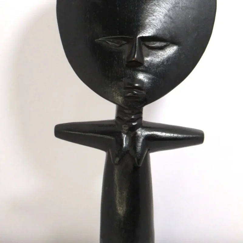 Akua Ba fertility doll, hand-carved Akan wooden figure from Ghana with disc-shaped head