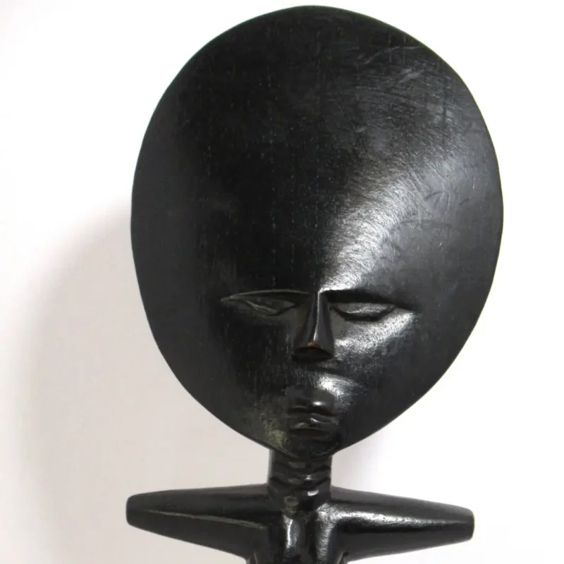 Akua Ba fertility doll, hand-carved Akan wooden figure from Ghana with disc-shaped head